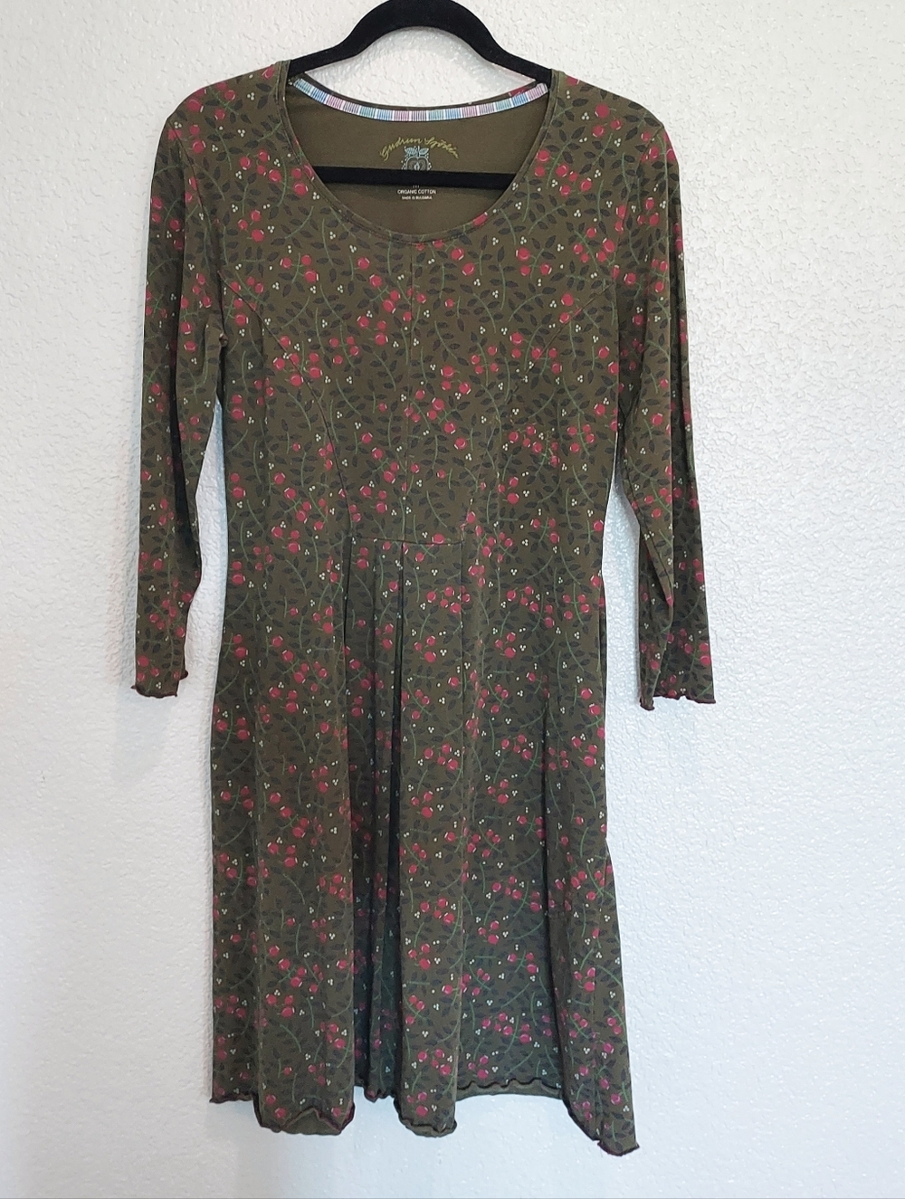 Gudrun Sjoden Brown w/Berry Floral Midi Length 3/4 Sleeves Boho Dress Size M